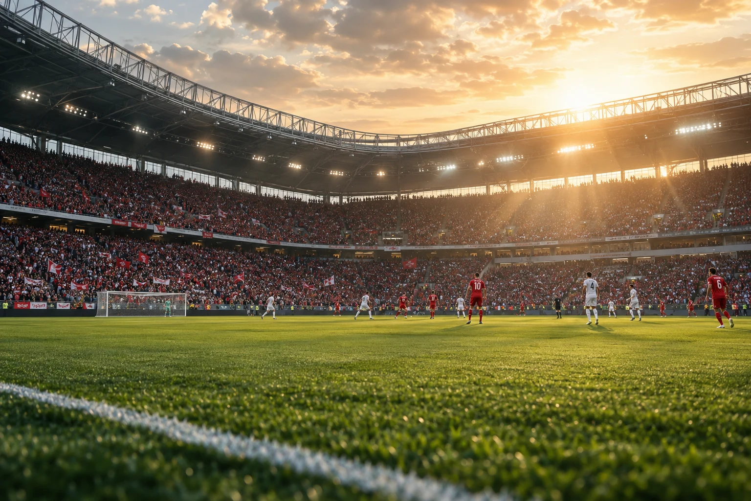 En upplyst fotbollsarena med publik på läktarna